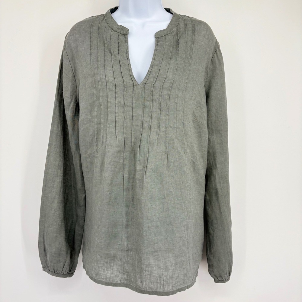 Boden Linen Pintuck Tunic Blouse 16 Sage Green Boho Resort Casual Minimalist